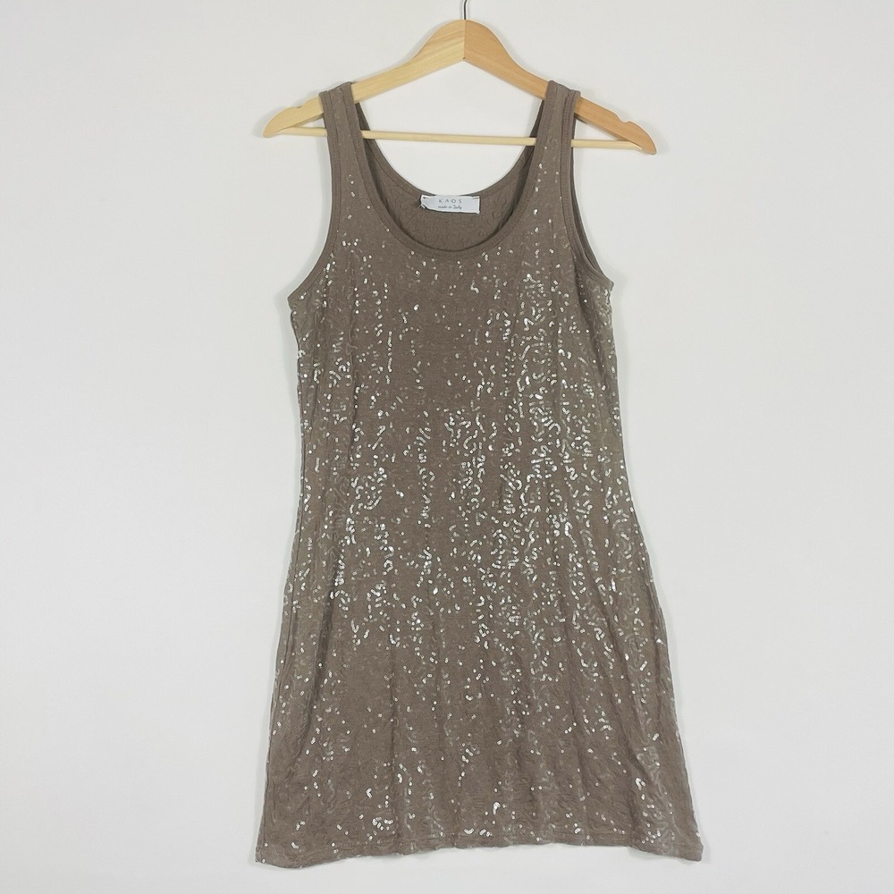 Kaos Italy Bodycon Dress Women Medium Tan Sequin Mini Sheath Cocktail Party Glam